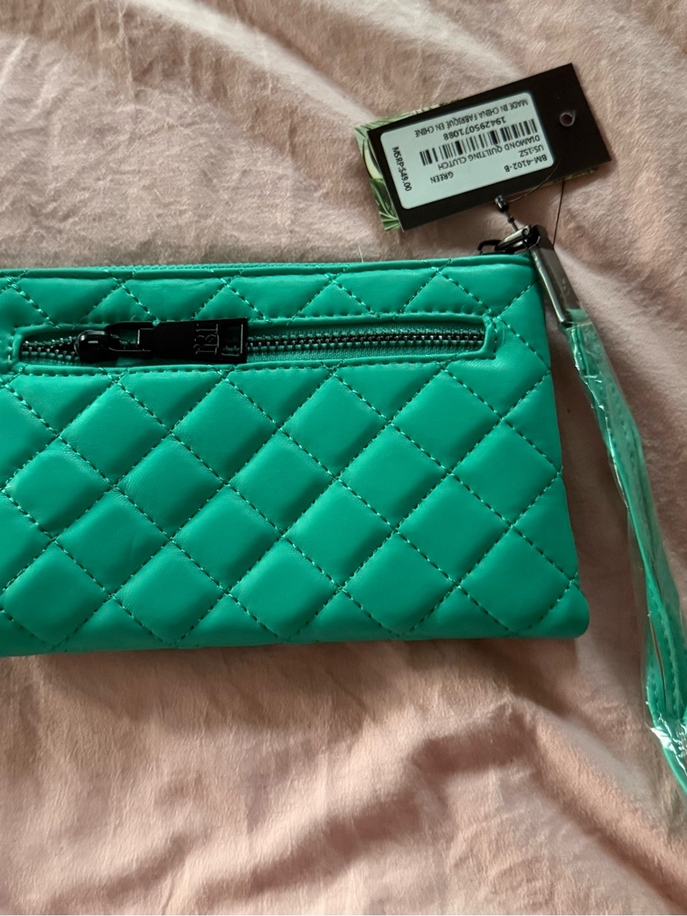Badgley Mischka Quilted Teal Wristlet Clutch with Logo Accent - Picture 2 of 3